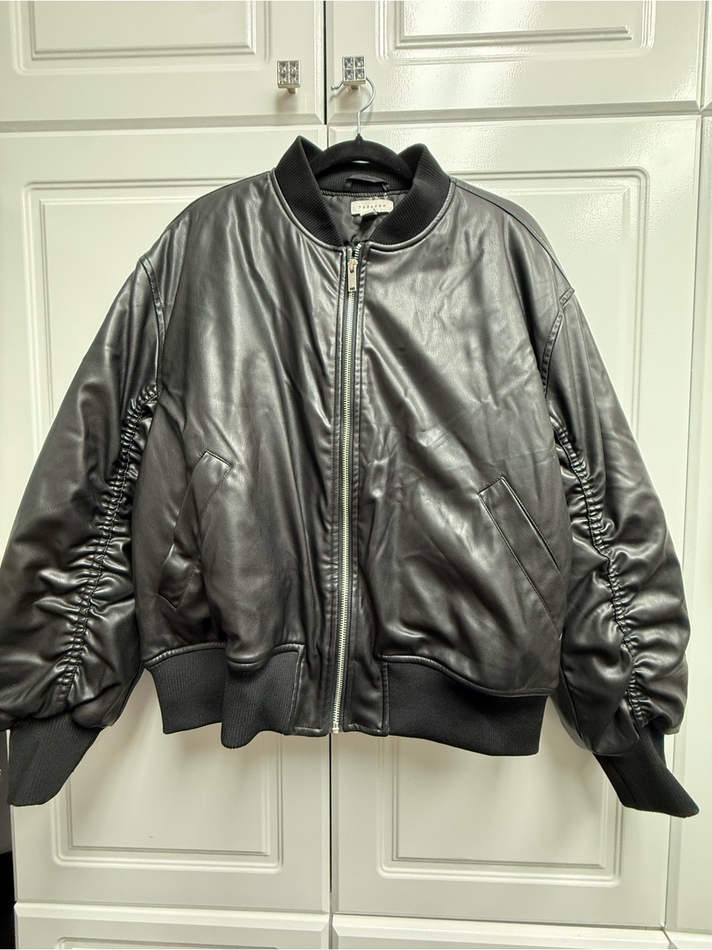Topshop Black Leather Bomber Jacket with Ruched Sleeves
